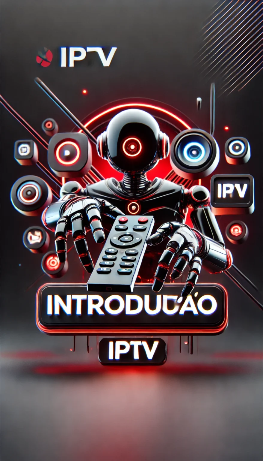 DALL·E 2024-11-25 18.07.17 - A futuristic image for a module titled 'Introdução', featuring a sleek, high-tech robot interacting with TV remotes, symbolizing the beginning of a jo