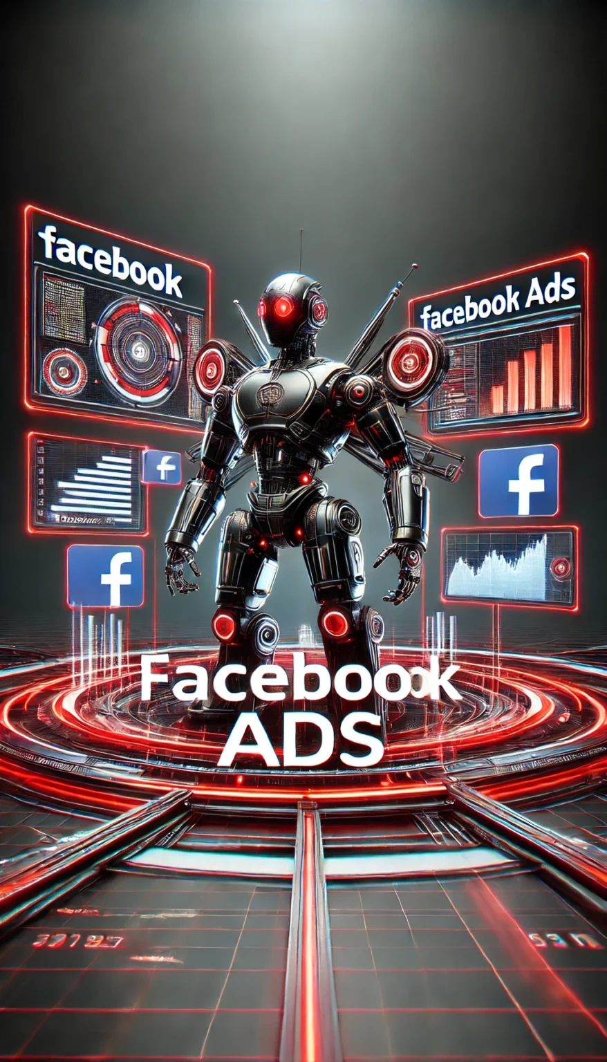 DALL·E 2024-11-25 18.09.09 - A futuristic image for a module titled 'Facebook Ads', featuring a large, sleek, high-tech robot prominently interacting with digital screens displayi