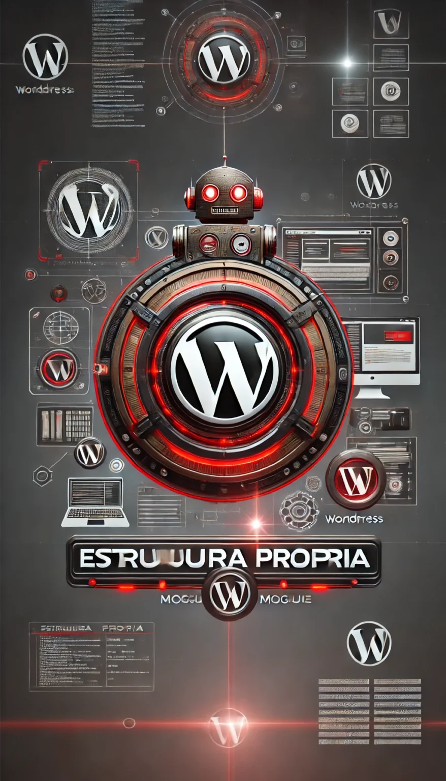 DALL·E 2024-11-25 18.09.29 - A futuristic image for a module titled 'Estrutura Própria', featuring elements related to WordPress, such as its logo, digital design interfaces, and