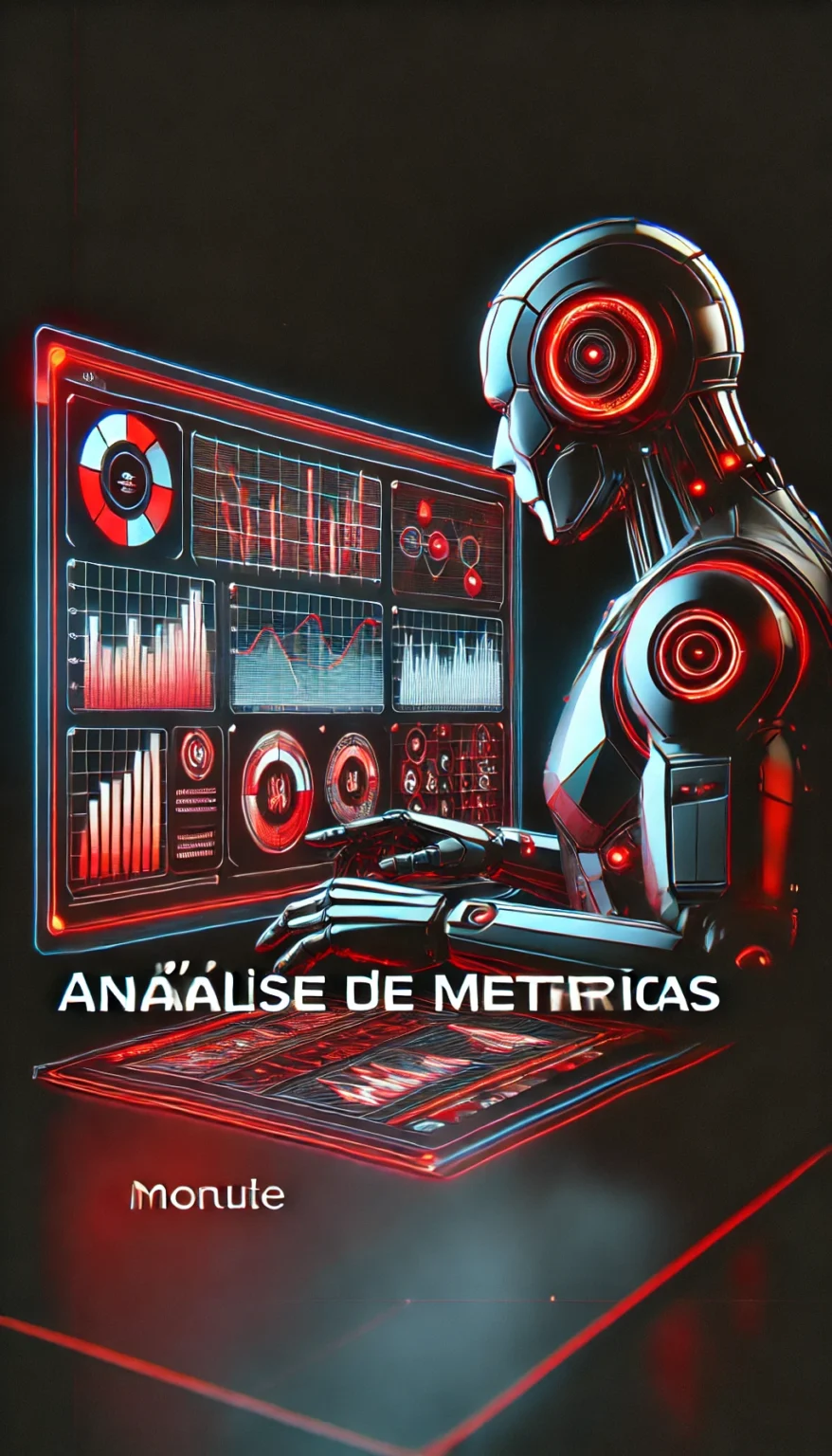 DALL·E 2024-11-25 18.10.56 - A futuristic image for a module titled 'Análise de Métricas' written in Portuguese-BR. The design features a sleek, advanced robot analyzing data on g