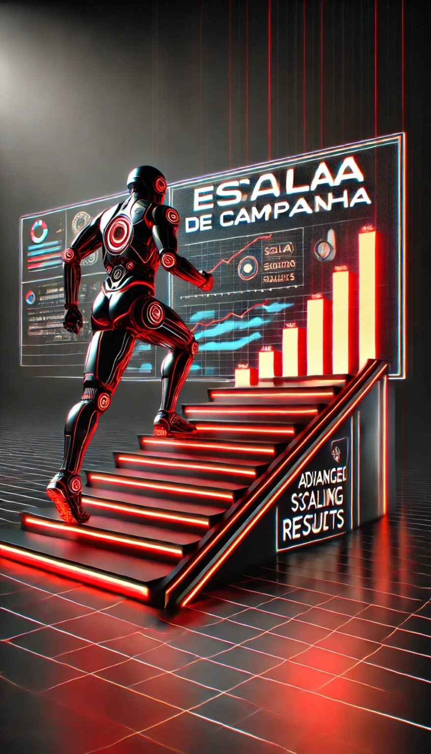DALL·E 2024-11-25 18.14.23 - A futuristic image for a module titled 'Escala de Campanha', featuring a sleek, high-tech robot climbing a staircase of glowing charts and metrics, sy