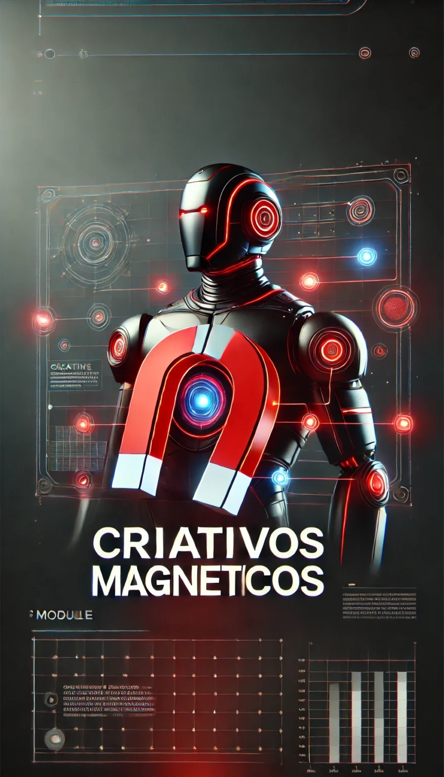 DALL·E 2024-11-25 18.14.40 - A futuristic image for a module titled 'Criativos Magnéticos', featuring a sleek, high-tech robot holding a glowing magnet. The design should use a bo