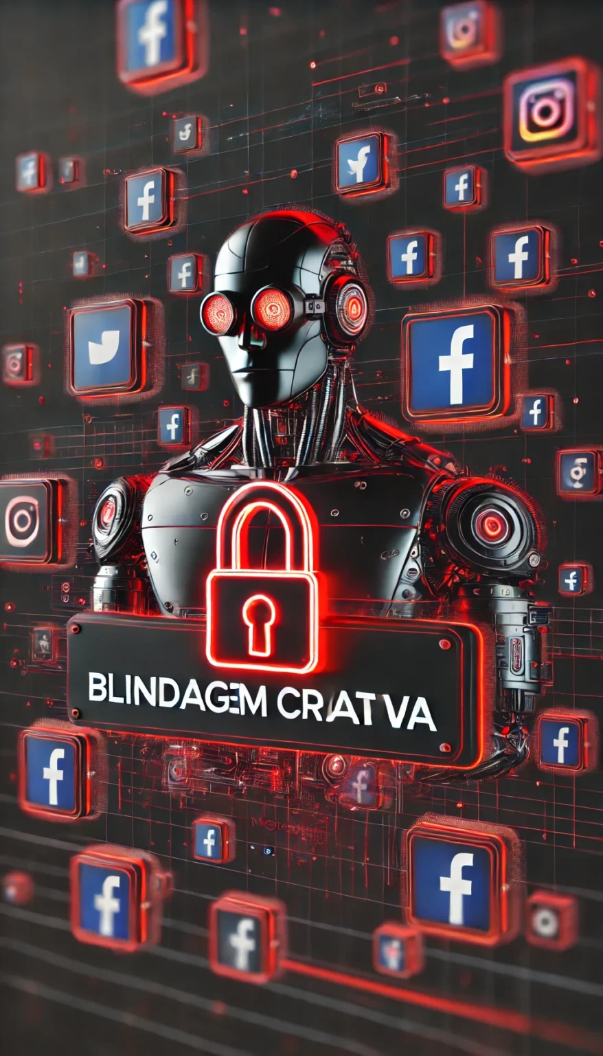 DALL·E 2024-11-27 11.23.45 - A futuristic image for a module titled 'Blindagem Criativa,' featuring a sleek, high-tech robot holding a glowing padlock while surrounded by floating